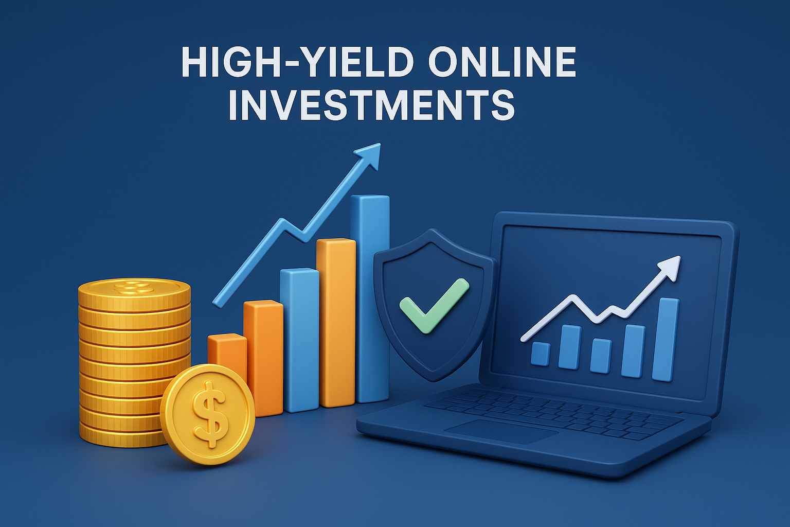 3D illustration of high-yield online investments with golden coins, bar chart, laptop graph, and security shield.