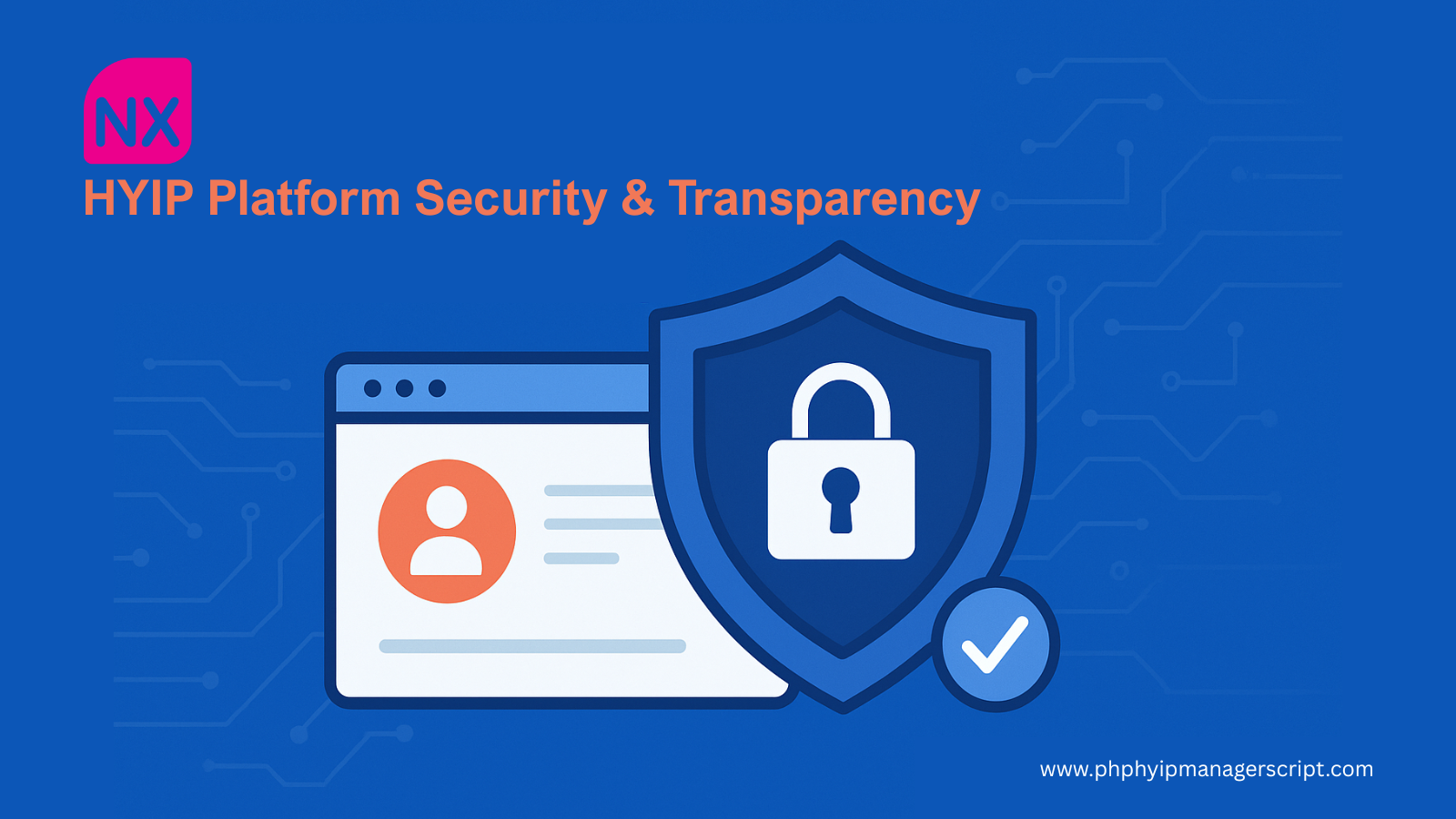 HYIP platform security and transparency illustration with shield, lock, and financial charts.