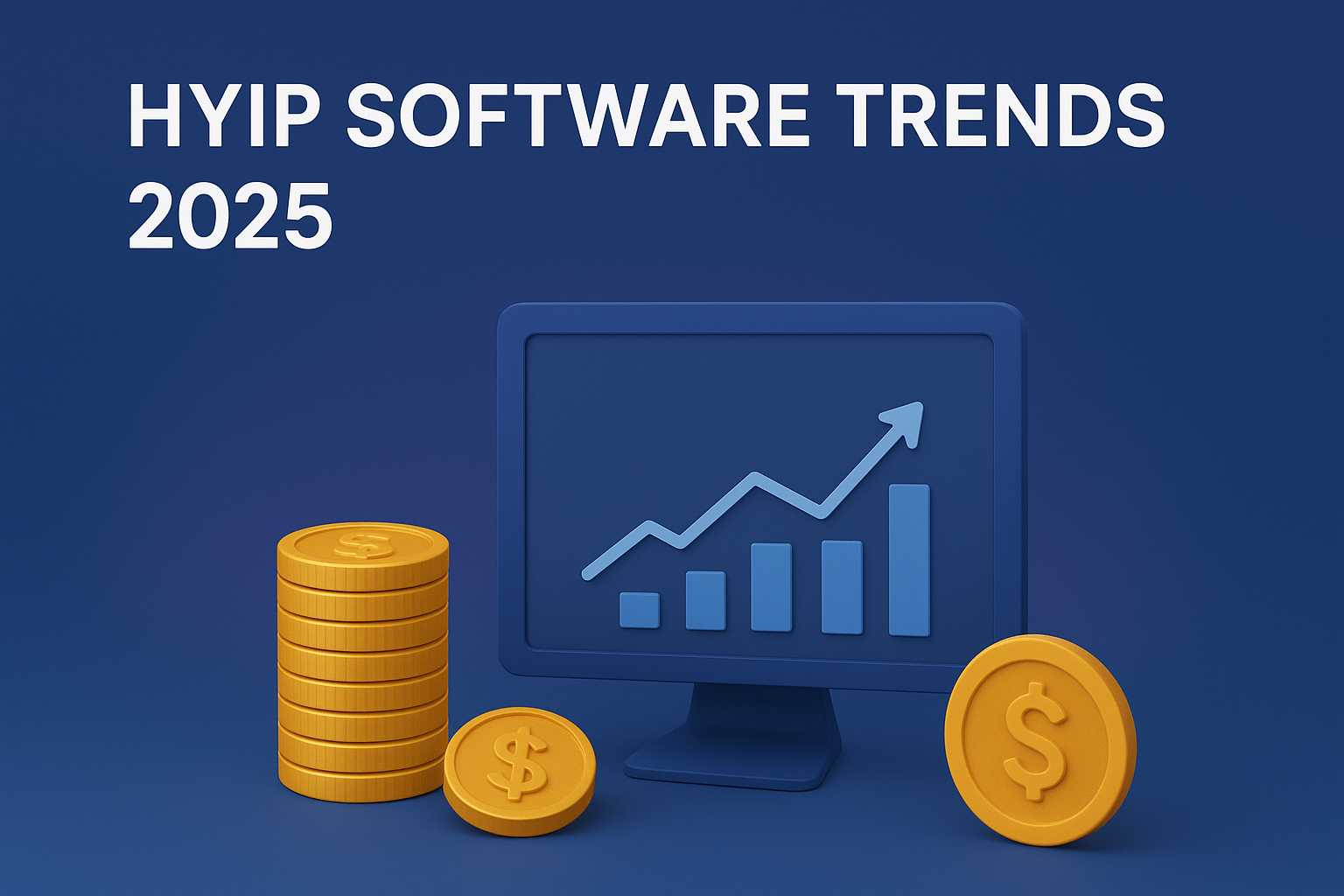 Tendencias del software HYIP 2025 3D illustration of HYIP software with futuristic dashboard, financial charts, coins, and secure investment icons representing digital finance.